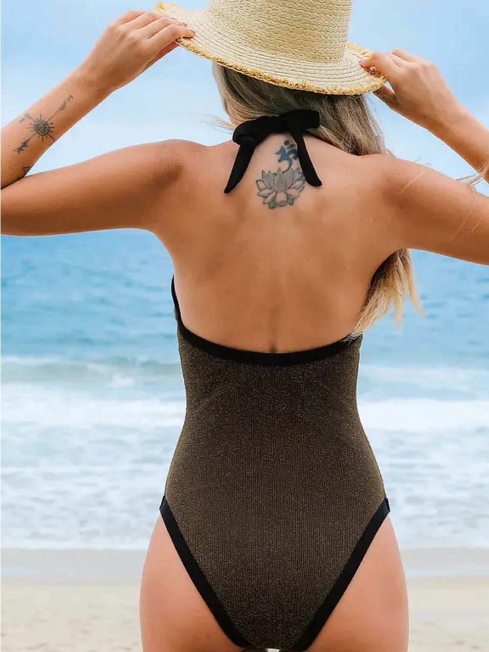 NWT Cupshe Shimmery Glitter Espresso One-Piece Swimsuit with Black Trim - XL - Picture 3 of 10